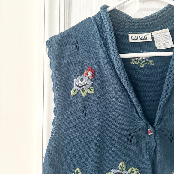 Capacity Petites Vintage 90s Blue Floral Pointelle Knit Button Vest Sweater MP - Picture 2 of 10